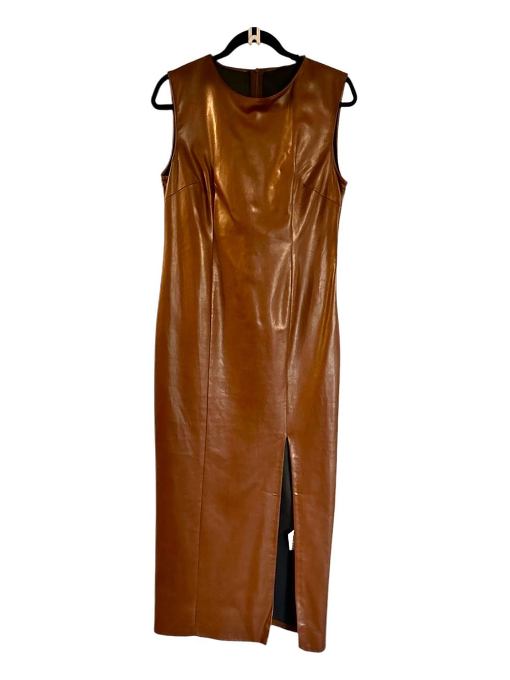 Zara Brown Faux Leather Midi Dress with Front Slit